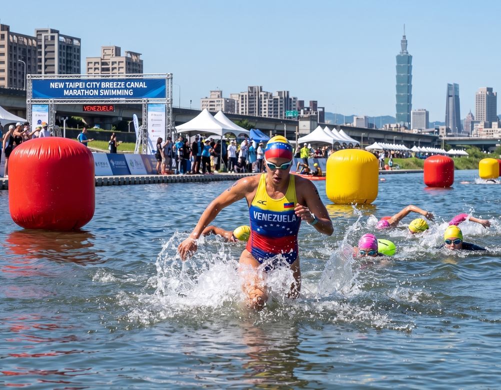 Nadadora con el traje de Venezuela emergiendo del agua durante la competencia del New Taipei City Breeze Canal Marathon Swimming. En el fondo se aprecian otras competidoras, boyas coloridas, el arco de meta y el horizonte de la ciudad bajo un día soleado.