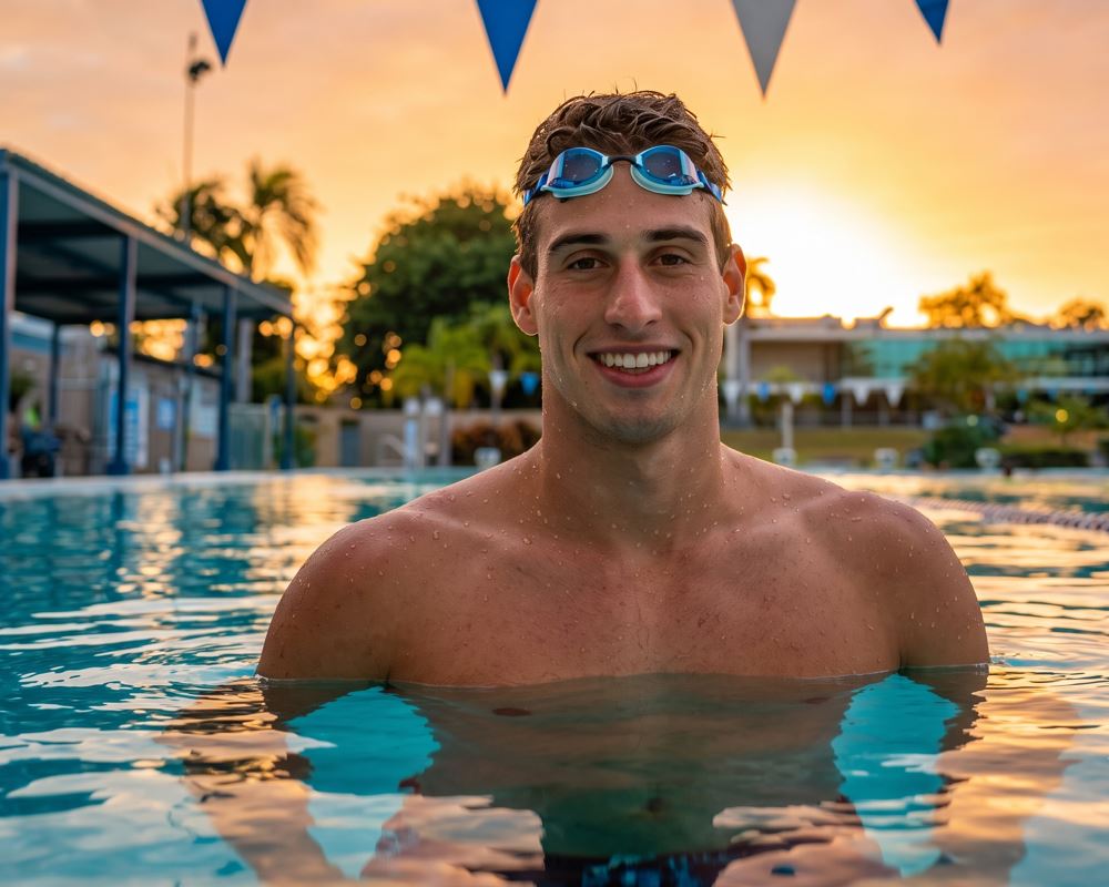 Alberto Mestre de natación sonriendo dentro de la piscina, con el agua a la altura del pecho y lentes en la frente, bajo la cálida luz del atardecer.