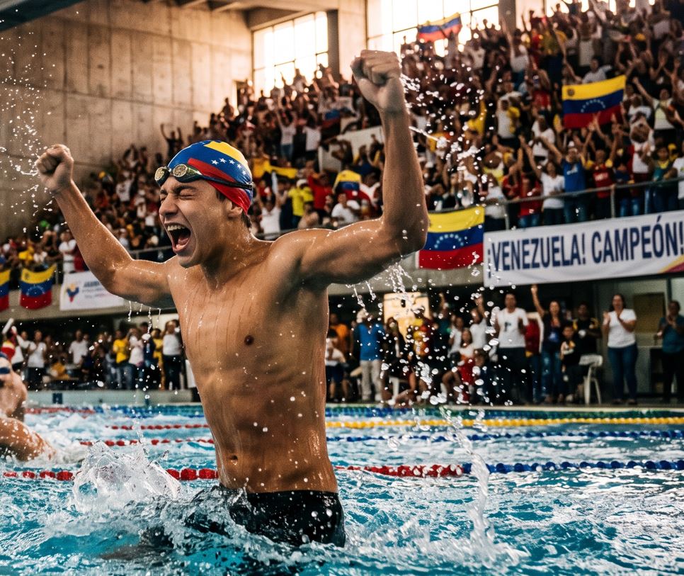 Joven nadador venezolano celebrando efusivamente su victoria en la piscina del PNU durante los VI Juegos Deportivos Escolares Centroamericanos y del Caribe 2023, con las gradas llenas de público de fondo.