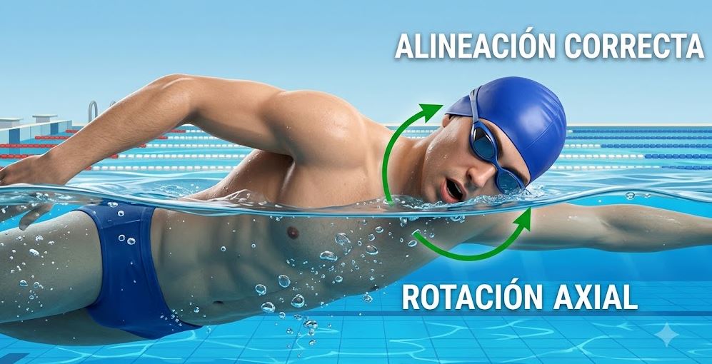 Demostración de la alineación correcta de la cabeza al respirar en natación estilo crol