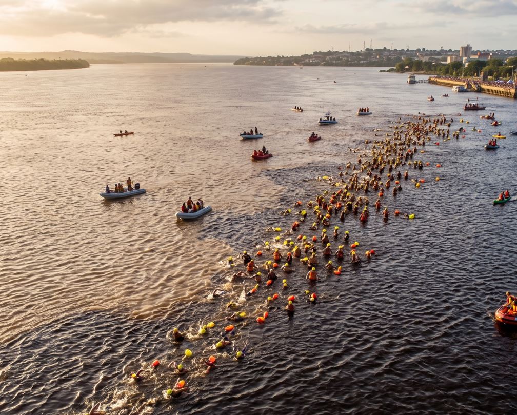 Una fotografía aérea de gran angular tomada al amanecer, mostrando a cientos de nadadores cruzando un río extremadamente ancho. Llevan gorros de natación de colores y avanzan en una columna larga y estrecha. A ambos lados, numerosos barcos de seguridad (lanchas motoras, kayaks, balsas inflables) actúan como escolta. El río presenta una división visualmente distinta entre agua de color marrón claro turbio y agua más oscura y azulada. Al fondo, a la derecha, hay una ciudad costera con edificios de varios pisos, y en la distancia opuesta, colinas boscosas bajo un cielo brumoso y un sol bajo. Rio orinoco - Caroni