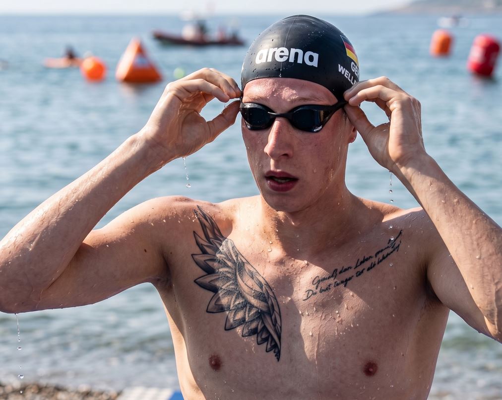 Un primer plano detallado del nadador alemán Florian Wellbrock, reconocible por sus característicos tatuajes en el pecho y su gorro de natación personalizado 'GER WELLBROCK', ajustando sus gafas antes de una carrera de 10 km en aguas abiertas