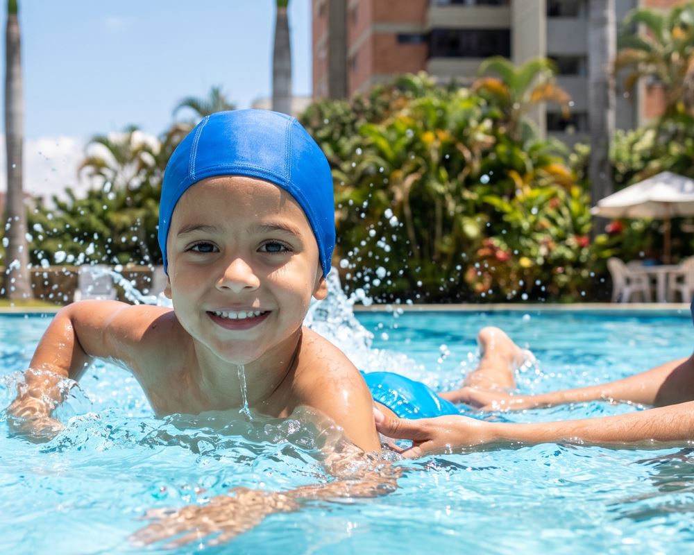 Niño feliz en clases demostrando los beneficios de la natación en los niños en una piscina al aire libre