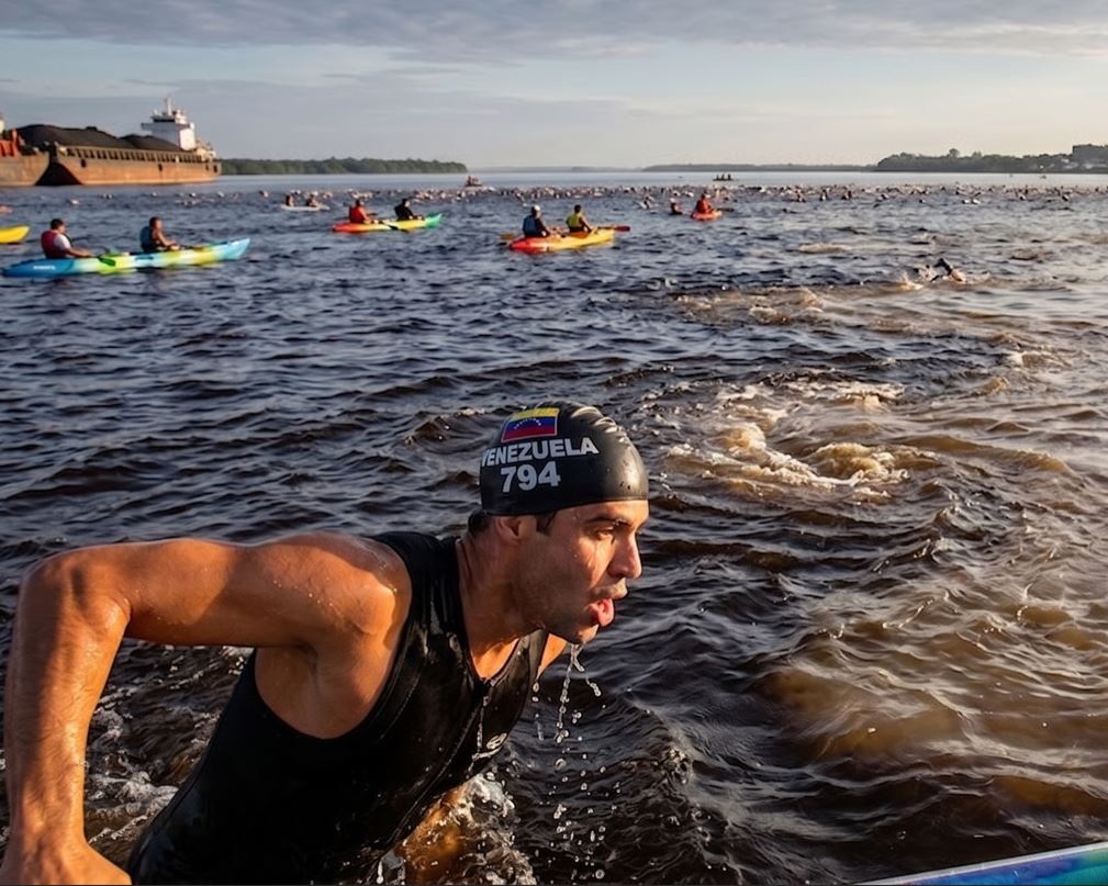 Un primer plano nítido de un nadador determinado con un gorro de natación negro con la bandera de Venezuela y el número 794, emergiendo del agua picada justo donde chocan las aguas oscuras del Caroní y las más turbias del Orinoco. Se le ve respirando con dificultad y enfocado en la orilla lejana de San Félix.