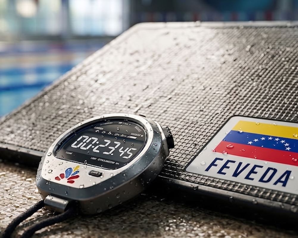 Cronómetro digital sobre un bloque de salida en una piscina olímpica, representando las marcas mínimas de clasificación para el ranking nacional de natación FEVEDA 2026