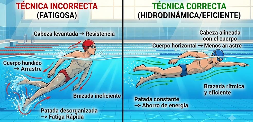 Posición hidrodinámica correcta e incorrecta para nadar crol sin cansarse