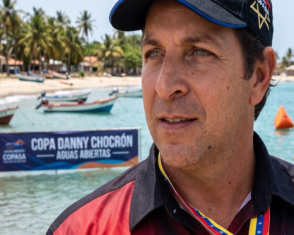 Retrato del nadador venezolano Danny Chocrón mostrando su medalla de Campeón Mundial de 1999, durante la Copa Danny Chocrón de aguas abiertas en la bahía de Pampatar, Isla de Margarita.