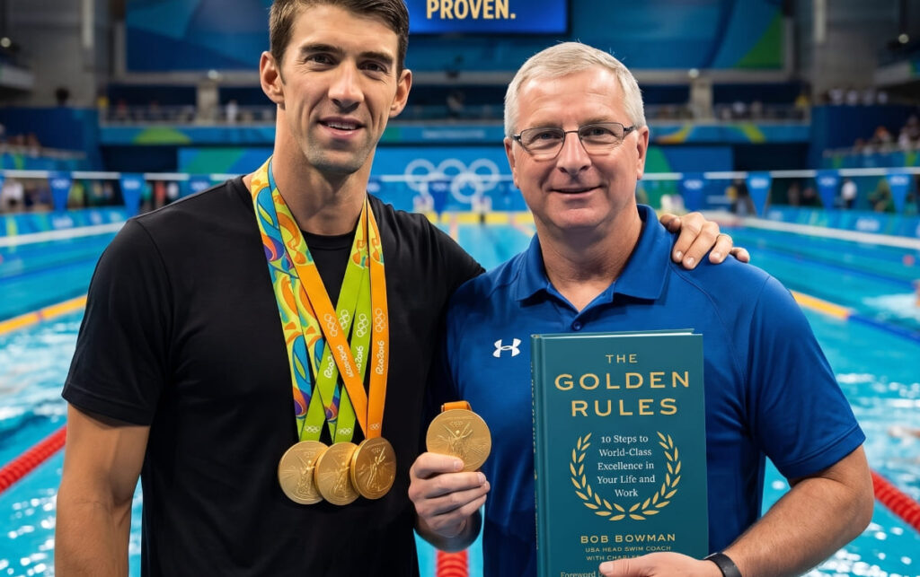 Michael Phelps y su entrenador Bob Bowman sosteniendo el libro The Golden Rules y medallas de oro olímpicas en una piscina.