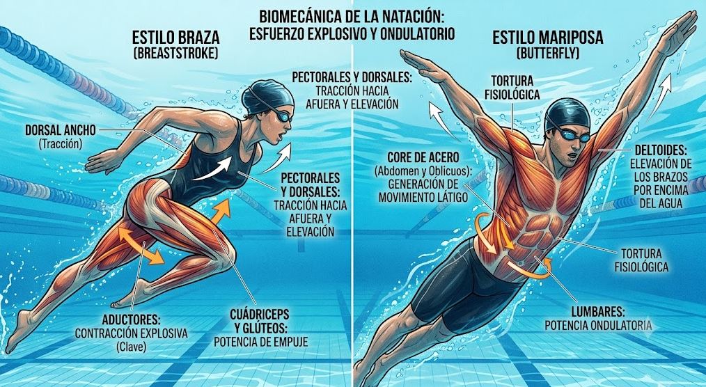 Músculos clave en Braza (Pecho) y Mariposa Natacion anatomia