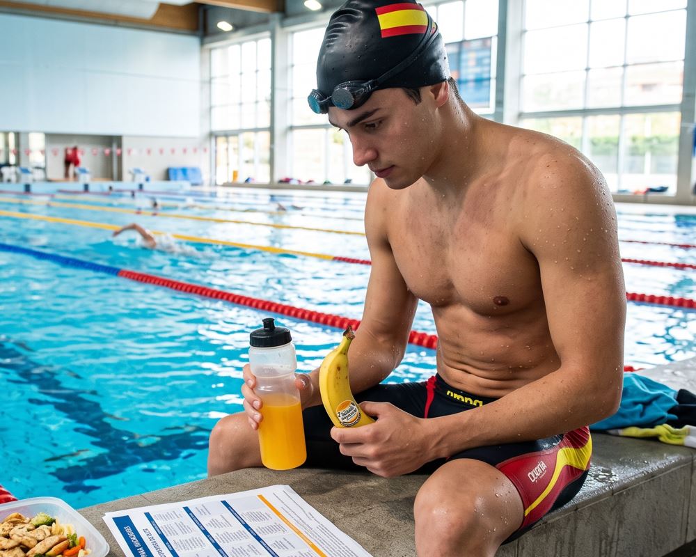 Un nadador joven y musculoso, con gorro con la bandera de España, sentado en el borde de una piscina cubierta olímpica, consultando un 'Menú Semanal para Nadadores PDF' impreso. Sostiene un plátano y zumo de naranja, ejemplos de qué desayunar un nadador antes de entrenar, junto a una fiambrera de pasta preparada.