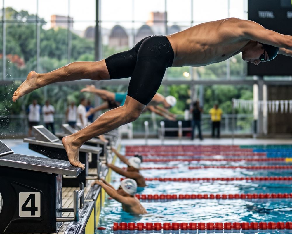 Nadador de competición en plena fase de vuelo de una explosiva salida de natación (track start), tras impulsarse desde el poyete número 4 de la piscina del Parque Naciones Unidas.
