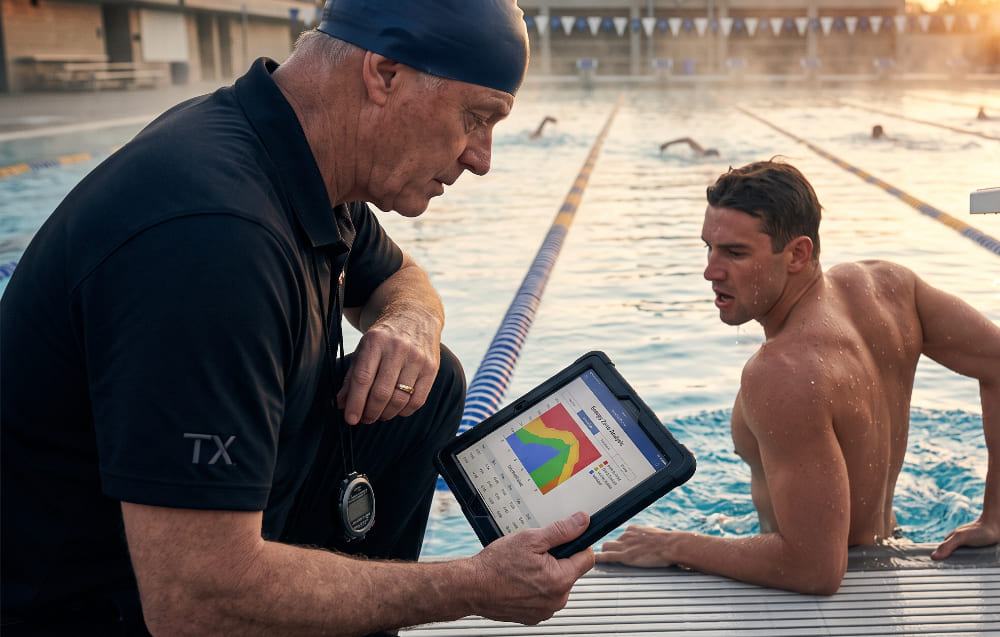 Coach Bob Bowman analizando métricas de rendimiento en una tablet junto a un nadador en la piscina.