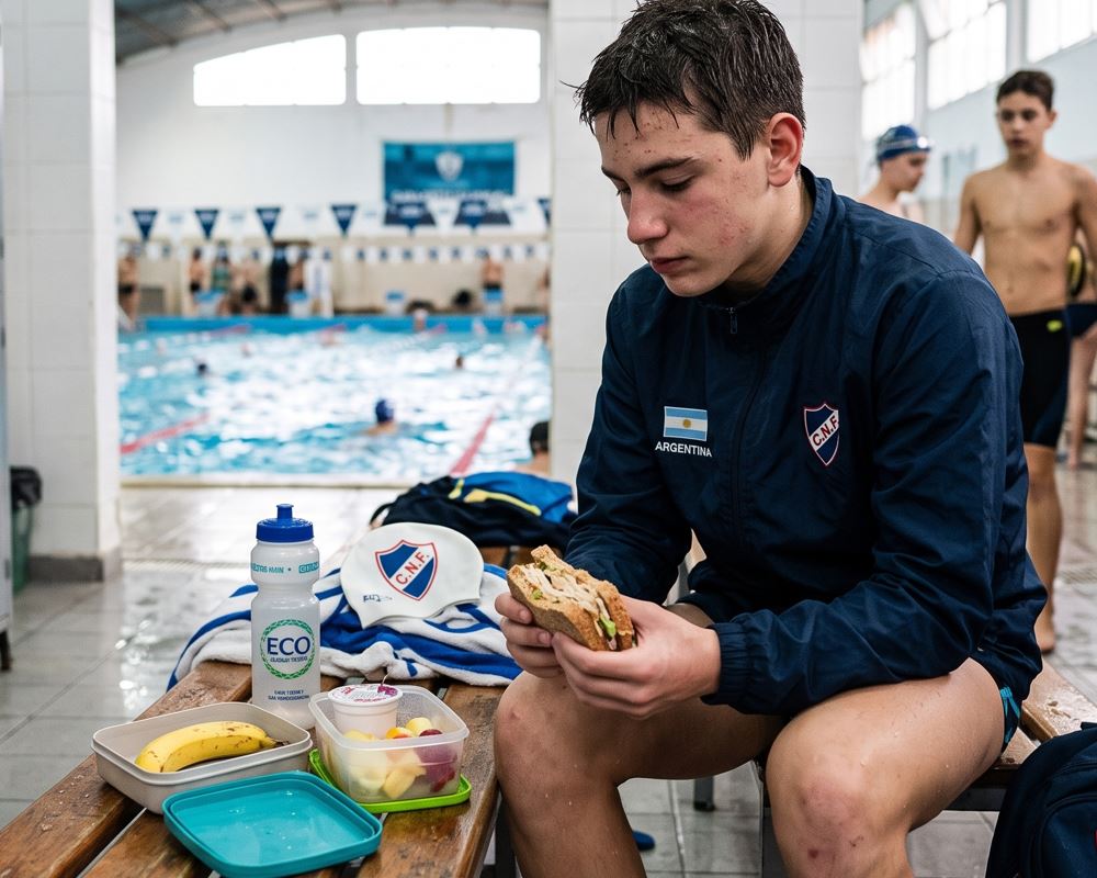 Joven nadador argentino (16 años) de élite sentado en un vestuario después de un entrenamiento intenso, comiendo un sándwich de pavo y queso en pan integral de una vianda reutilizable. Lleva una campera del club con 'ARGENTINA' bordado y tiene el pelo mojado. Una botella de agua Eco y una banana están cerca. En el fondo borroso, se ve una piscina interior con carriles a través de un arco. Es un ejemplo de comida de recuperación para una dieta de nadadores adolescentes.