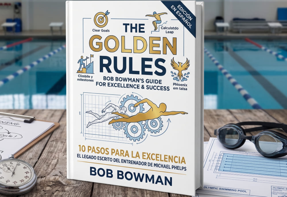 Libro The Golden Rules de Bob Bowman sobre una mesa junto a una piscina olímpica, cronómetro y gafas de natación.