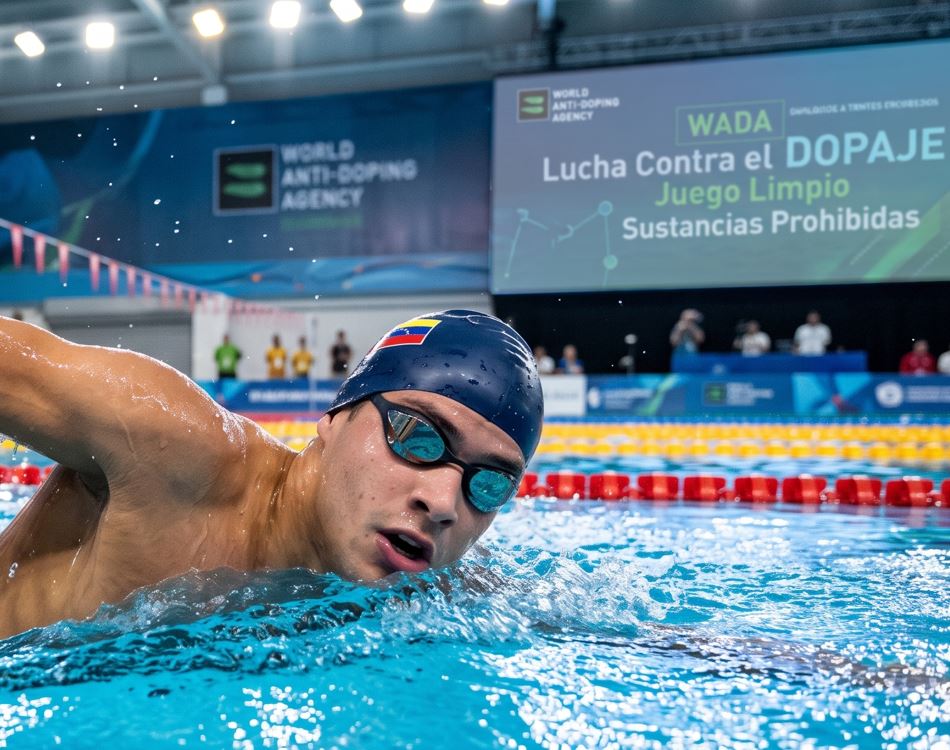 Un nadador joven venezolano en plena carrera de estilo libre en una piscina olímpica. En la pantalla del fondo se lee: 'WADA Lucha Contra el Dopaje, Juego Limpio, Sustancias Prohibidas'
