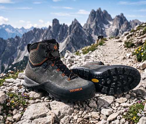 Botas de montaña marca Tecnica modelo Forge gris con naranja en sendero rocoso de senderismo