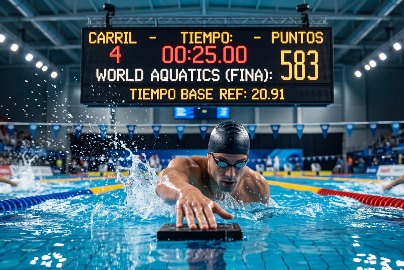 Nadador competitivo registrando su tiempo en el marcador electrónico, ideal para evaluar el rendimiento con la calculadora fina de World Aquatics.