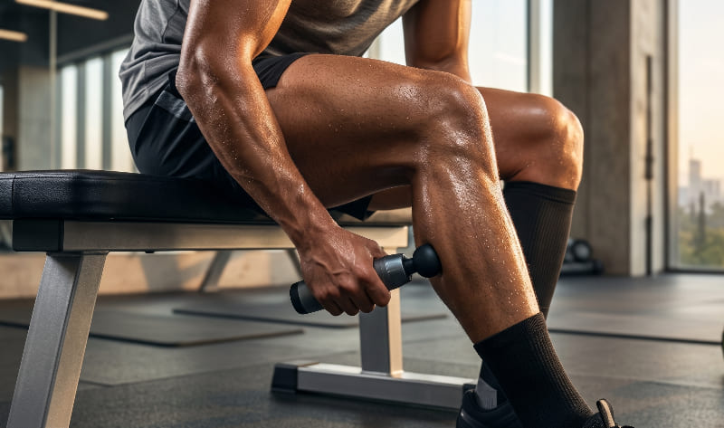 Atleta aplicando terapia de masaje para eliminar el ácido láctico en las piernas tras un entrenamiento intenso