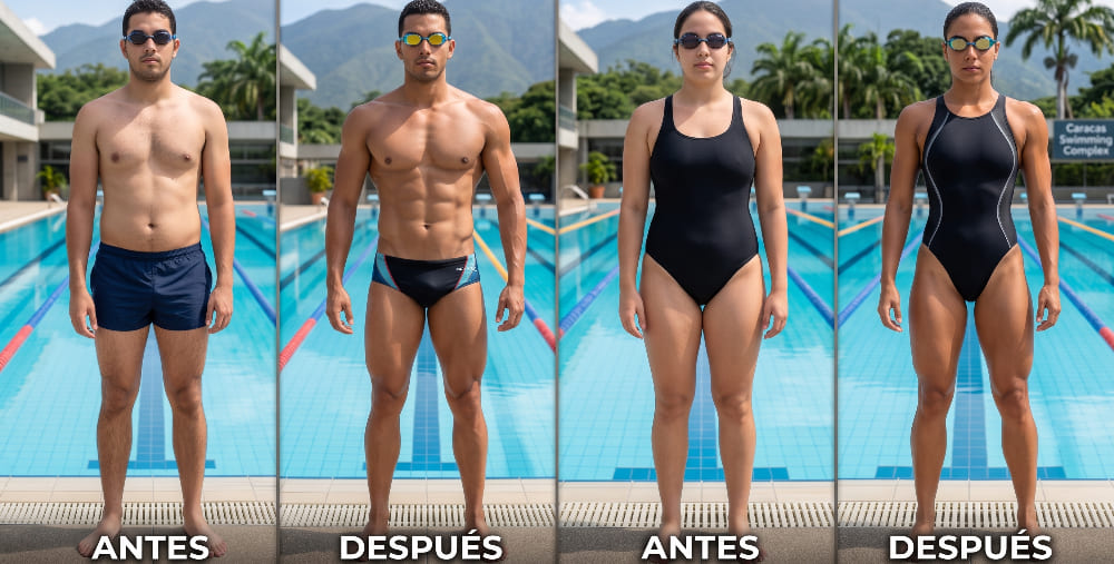 transformación física de "antes y después" de un cuerpo de nadador en un hombre y una mujer, lograda tras meses de entrenamiento constante en una piscina de natación olímpica al aire libre en Caracas, Venezuela.