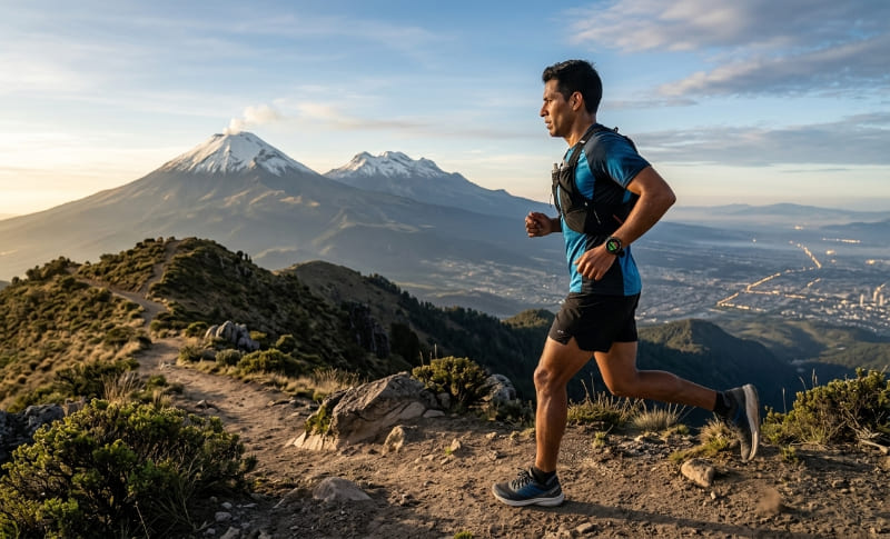 Corredor de trail running entrenando al amanecer en la montaña con su smartwatch para medir sus zonas de frecuencia cardíaca.