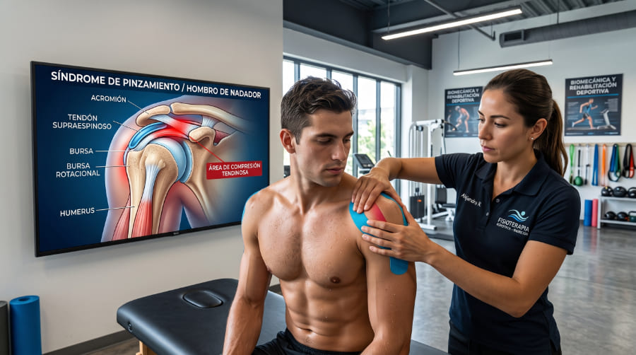 Fisioterapeuta deportiva Alejandra R. aplicando terapia manual en el hombro de un nadador en una clínica, con un monitor de fondo que muestra una infografía anatómica detallada del Síndrome de Pinzamiento del Hombro de Nadador.